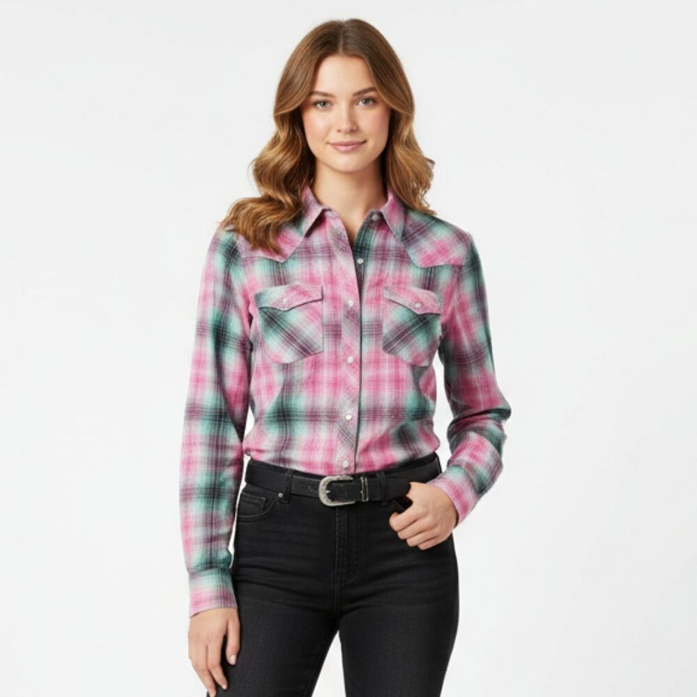 Wrangler Pink & Blue Plaid Checks Gingham Long Sleeve Pearl Snap Top M